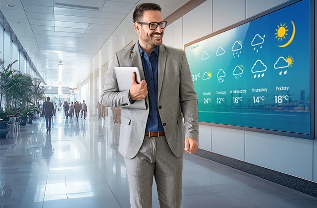 A professionally dressed man in a gray suit, holding a tablet, walks through a modern office hallway with a smile. Behind him, a large digital signage screen displays a colorful weather forecast with temperatures and weather icons for the upcoming days. The hallway is bright, featuring glass walls, potted plants, and several people walking in the background.