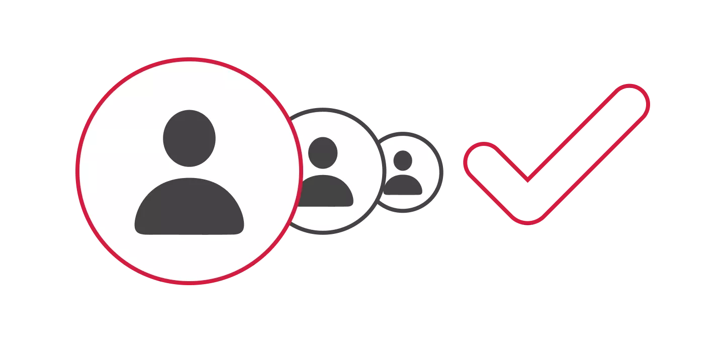 Illustration featuring a line of stylized user profile icons and a large red checkmark.  The icons depict a simplified human silhouette (head and shoulders). The first icon is the largest, filled in with a dark gray color, and is enclosed in a thick, red circle. Trailing behind it are two smaller user icons, filled in with dark gray and enclosed in thin, black circles. The icons are decreasing in size as they move away from the viewer.  To the right of the icons is a large, bold red outline of a checkmark or "tick" symbol.  The image suggests concepts like selection, confirmation, approval, user validation, successful login/sign-up, or choosing the right user/candidate/audience.