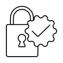 Icon of a padlock with a checkmark inside a gear, representing security.