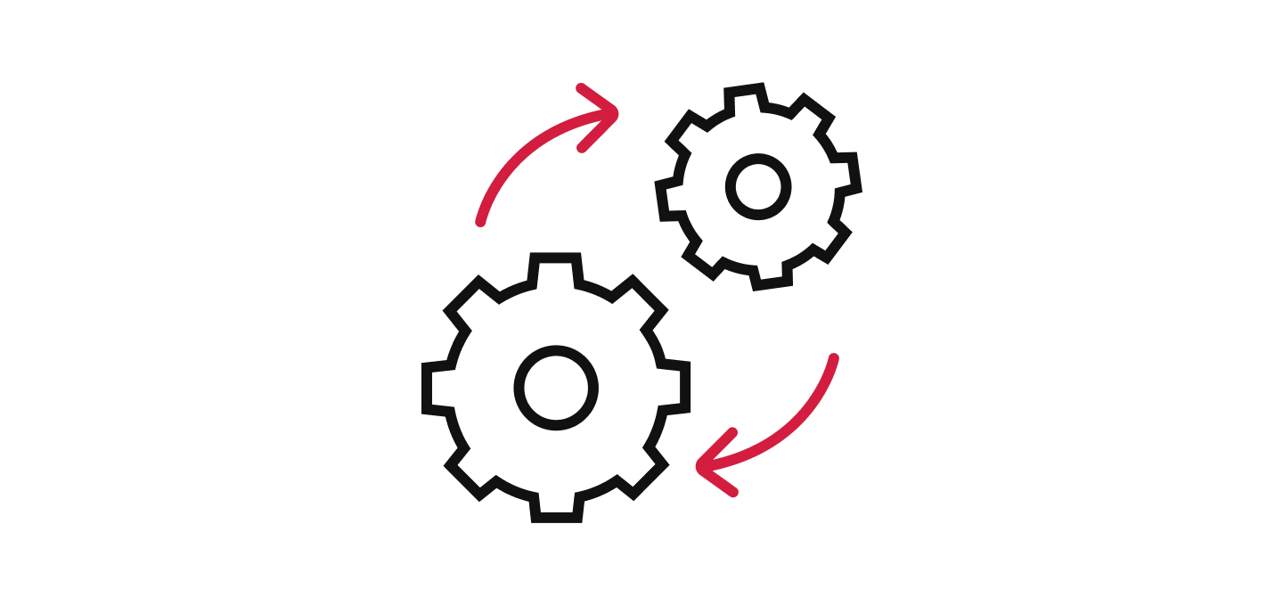 Icon of two interlocking gears (one large, one small) with two curved, red arrows indicating a continuous cycle, process, and efficiency