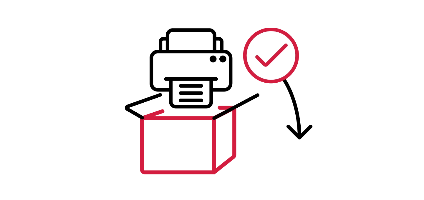Printer placing output into an open box with a check mark, indicating completed print operation.
