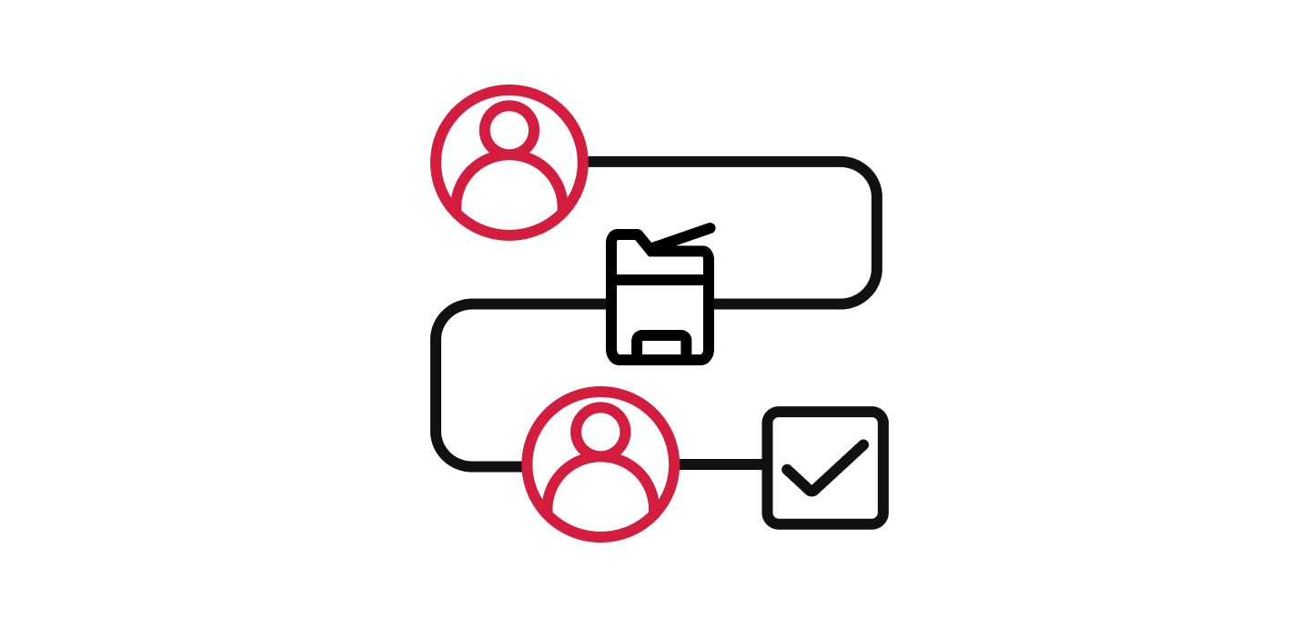 Workflow icons showing two users connected through a print process leading to approval check mark.