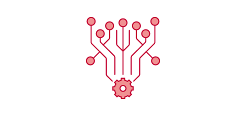  Icon of a complex network or circuit board with multiple nodes at the top converging downwards into a single cogwheel at the bottom.