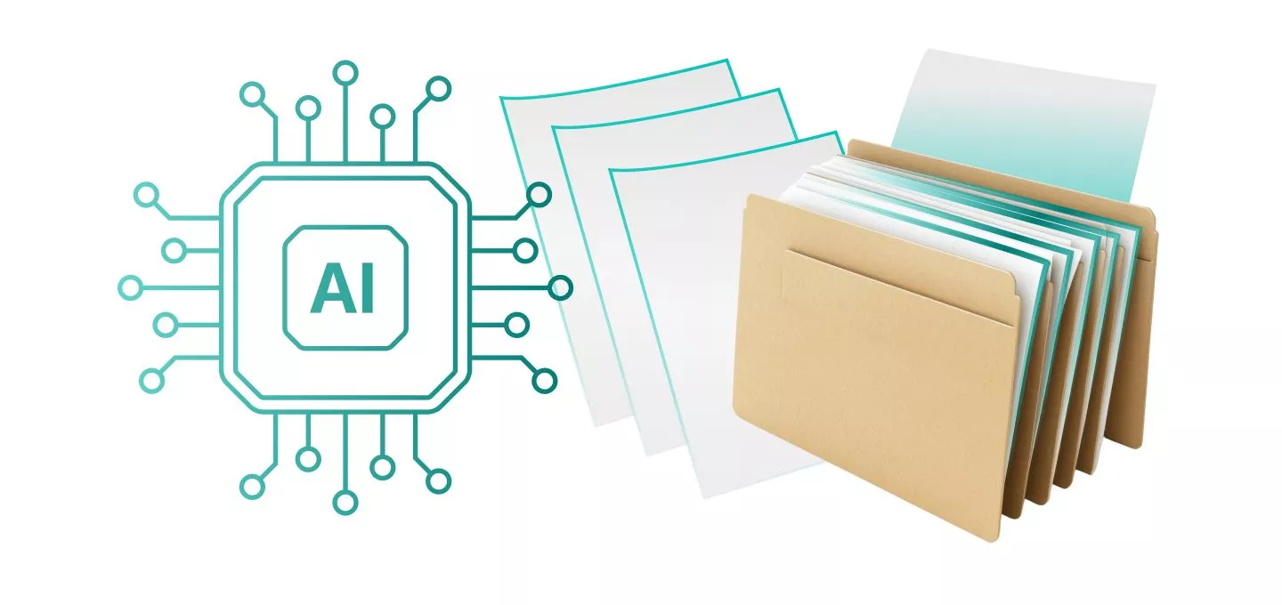 A teal-colored, stylized circuit board with the letters "AI" in the center is connected by lines to a series of brown file folders. The folders are open, revealing multiple white documents. The image suggests the use of artificial intelligence to process and organize large amounts of data or documents.