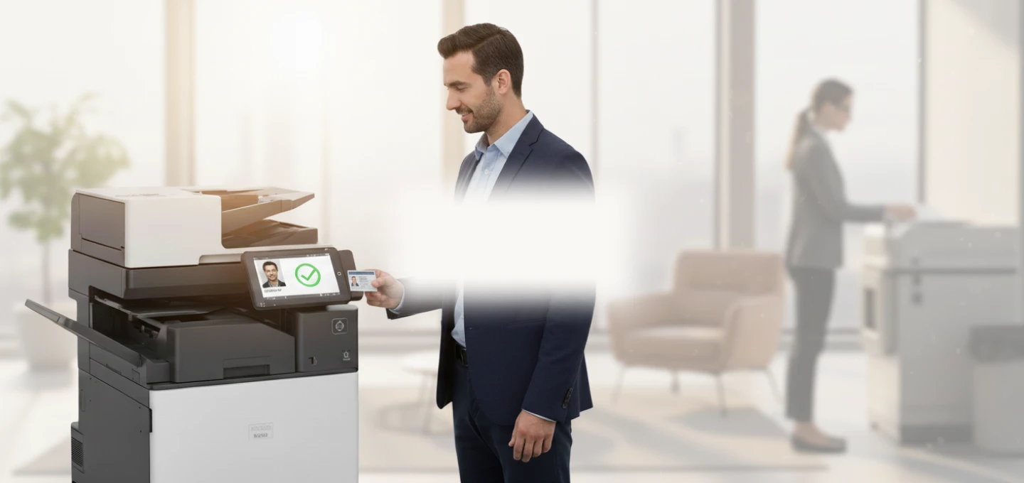 Person using an ID card to authenticate at a Ricoh multifunction printer in an office setting