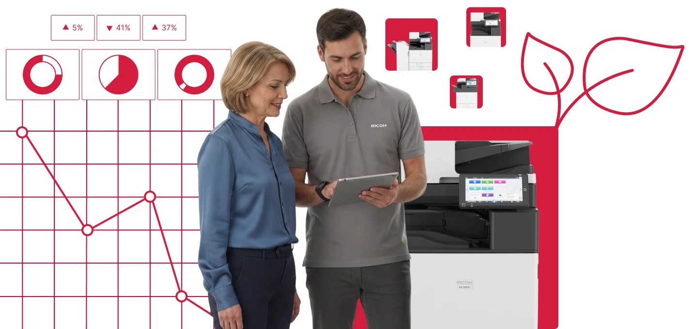 Two professionals reviewing tablet data beside a printer, charts and leaf graphic, representing sustainable managed print services.